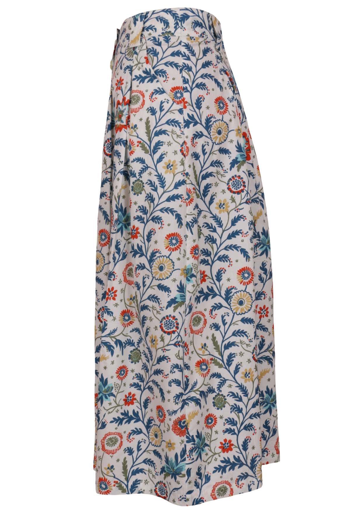 Knee length button cotton skirt with box pleats, pockets and belt loops