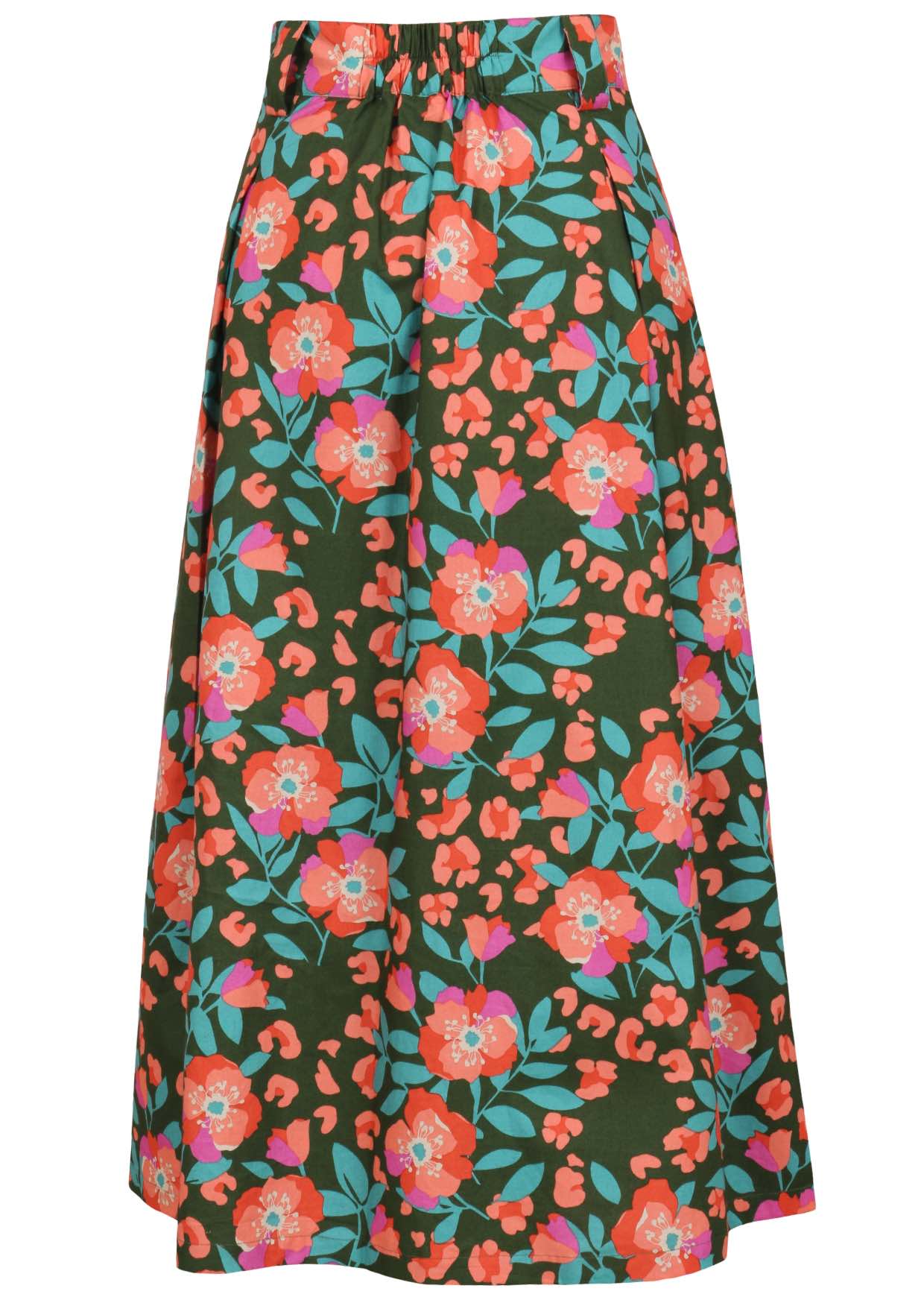 Floral printed knee length cotton skirt with belt loops and elastic at back of the waist