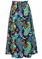 Back view of floral peacock print mid-length cotton skirt with belt loops and elastic at back of the waist