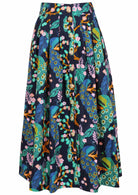 100% cotton mid-length button through skirt with box pleats and belt loops in navy blue based floral peacock print