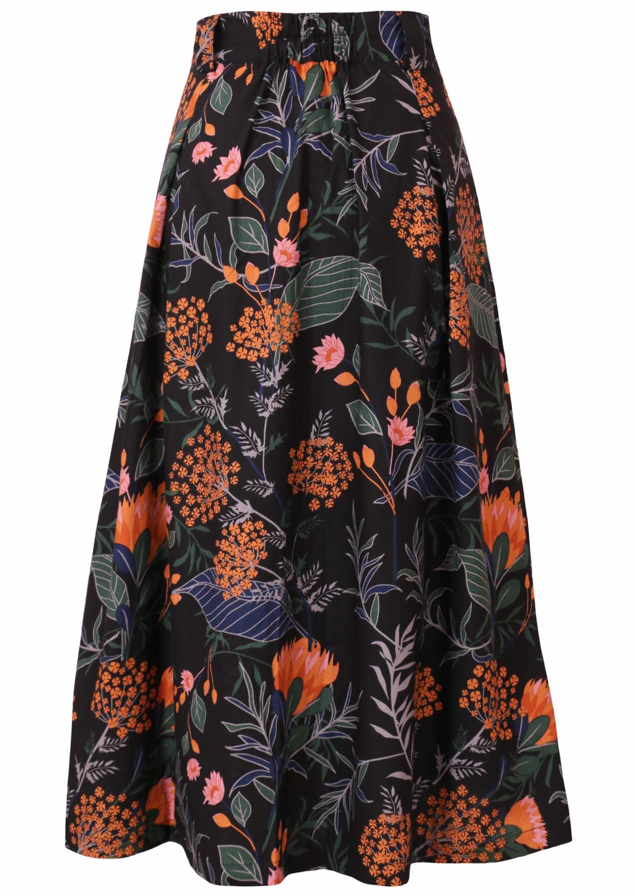 100% cotton button-through long skirt with box pleats, pockets, belt loops and elastic at the back waist