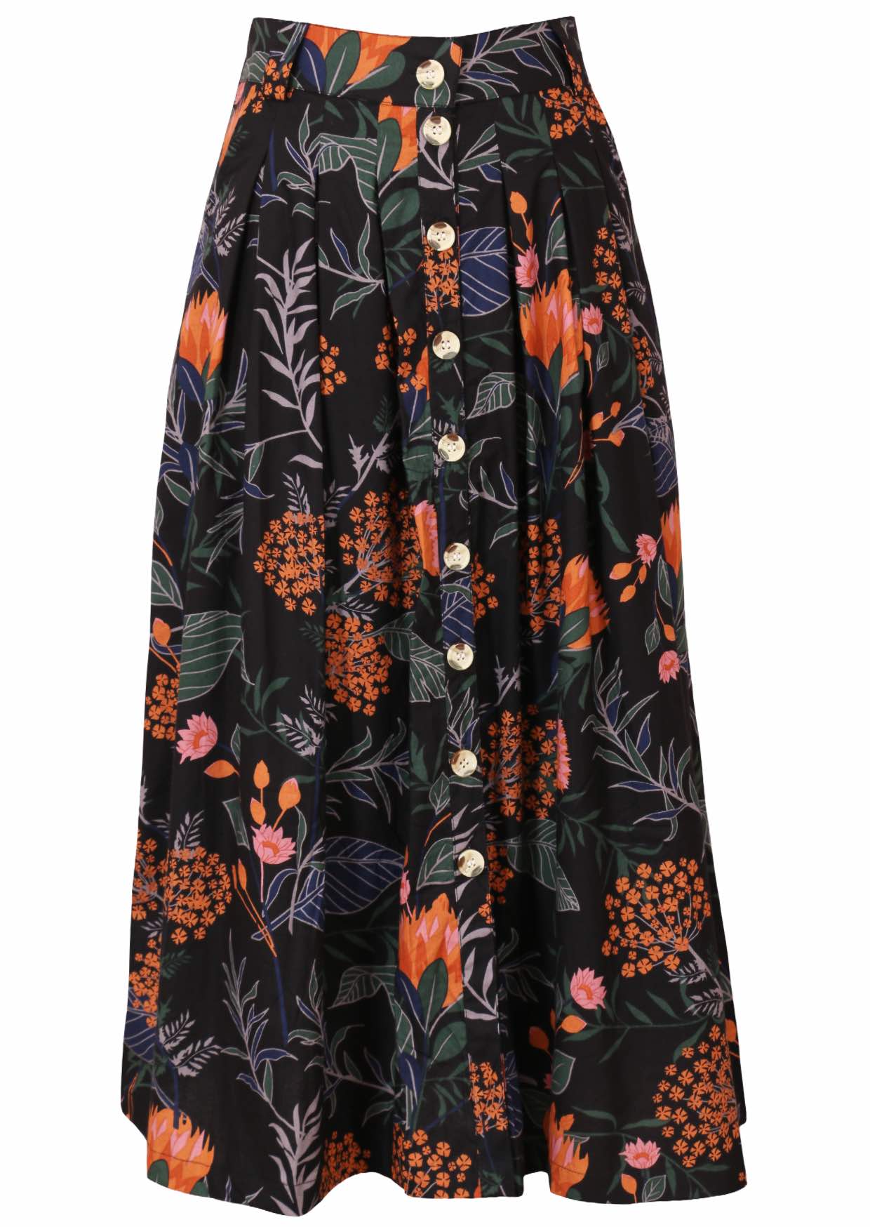 100% cotton midi length button through skirt with box pleats, belt loops and pocket 