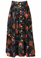 100% cotton midi length button through skirt with box pleats, belt loops and pocket 