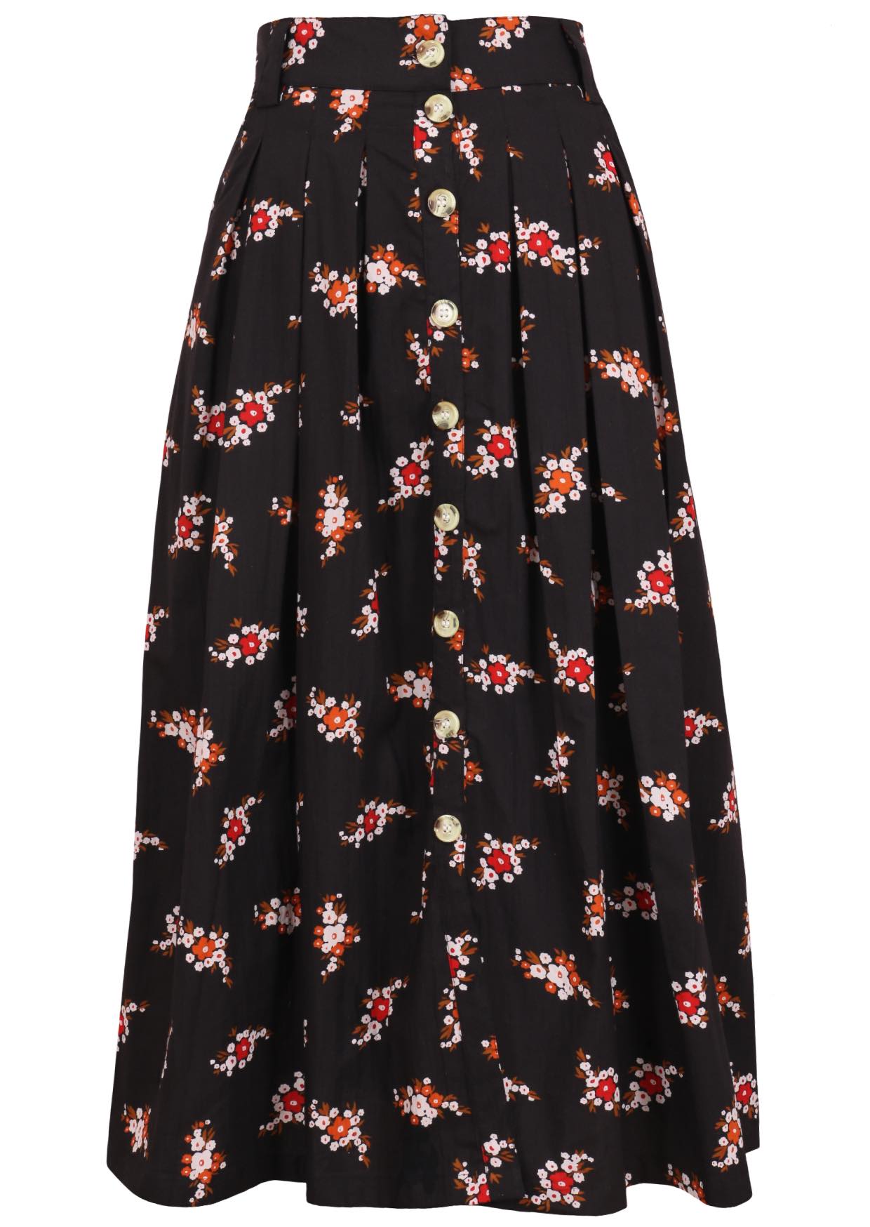 100% cotton knee length button through skirt with box pleats and belt loops in black based floral print