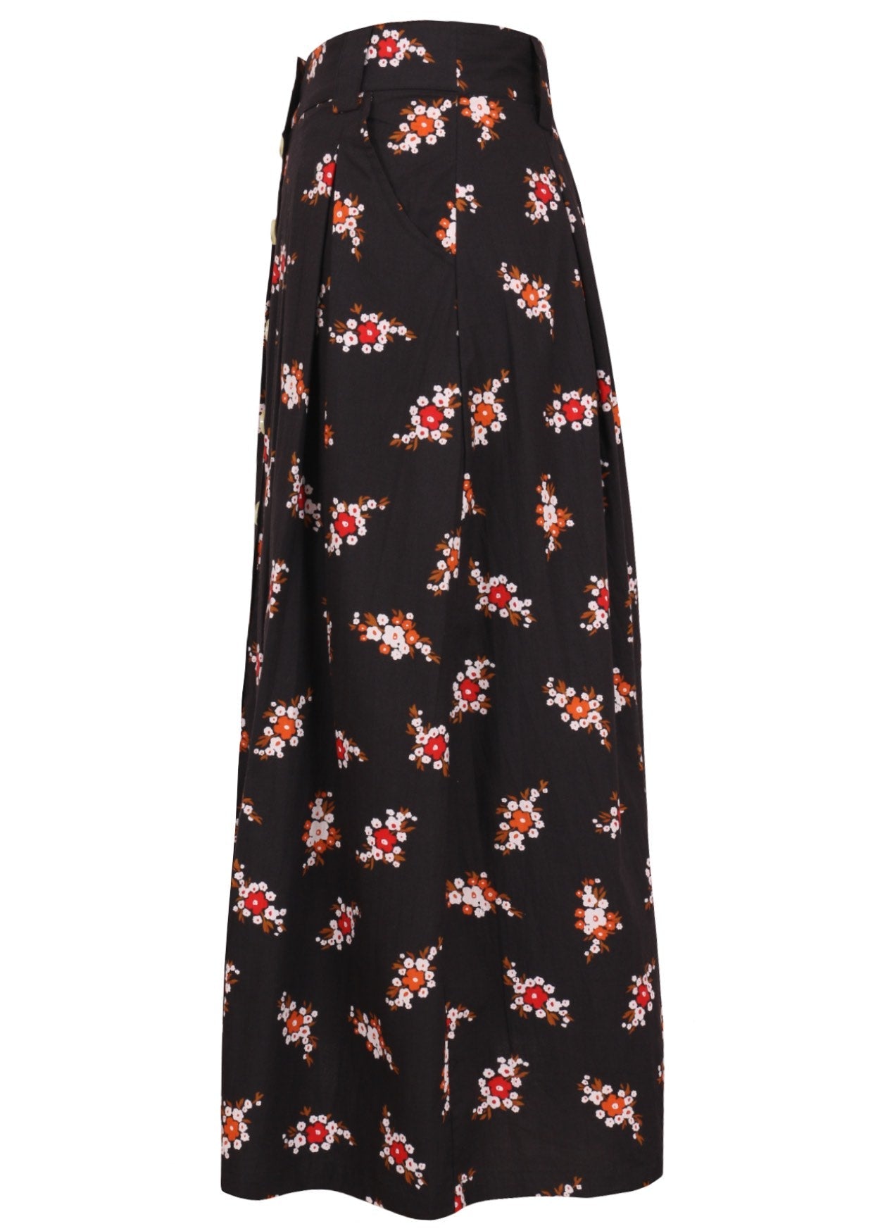 Knee length button cotton skirt with box pleats, pockets and belt loops