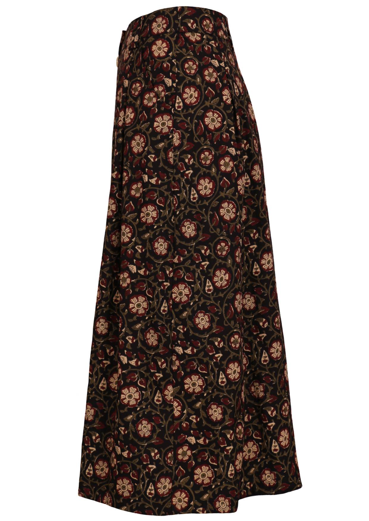 side mannequin photo of black cotton midi length button through skirt with box pleats, belt loops and pockets