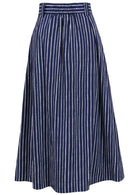 Striped printed knee length cotton skirt with belt loops and elastic at back of the waist