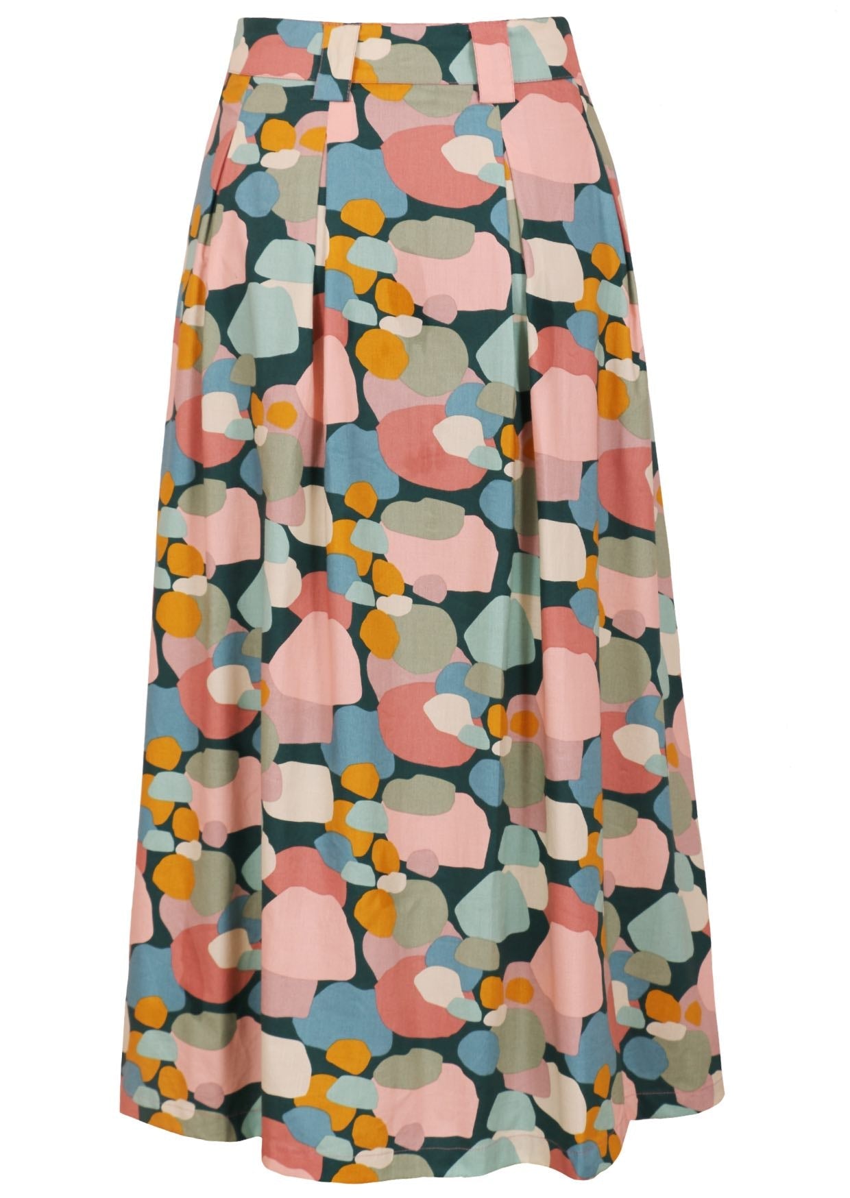 Pastel print shin length skirt with box pleats and belt loops