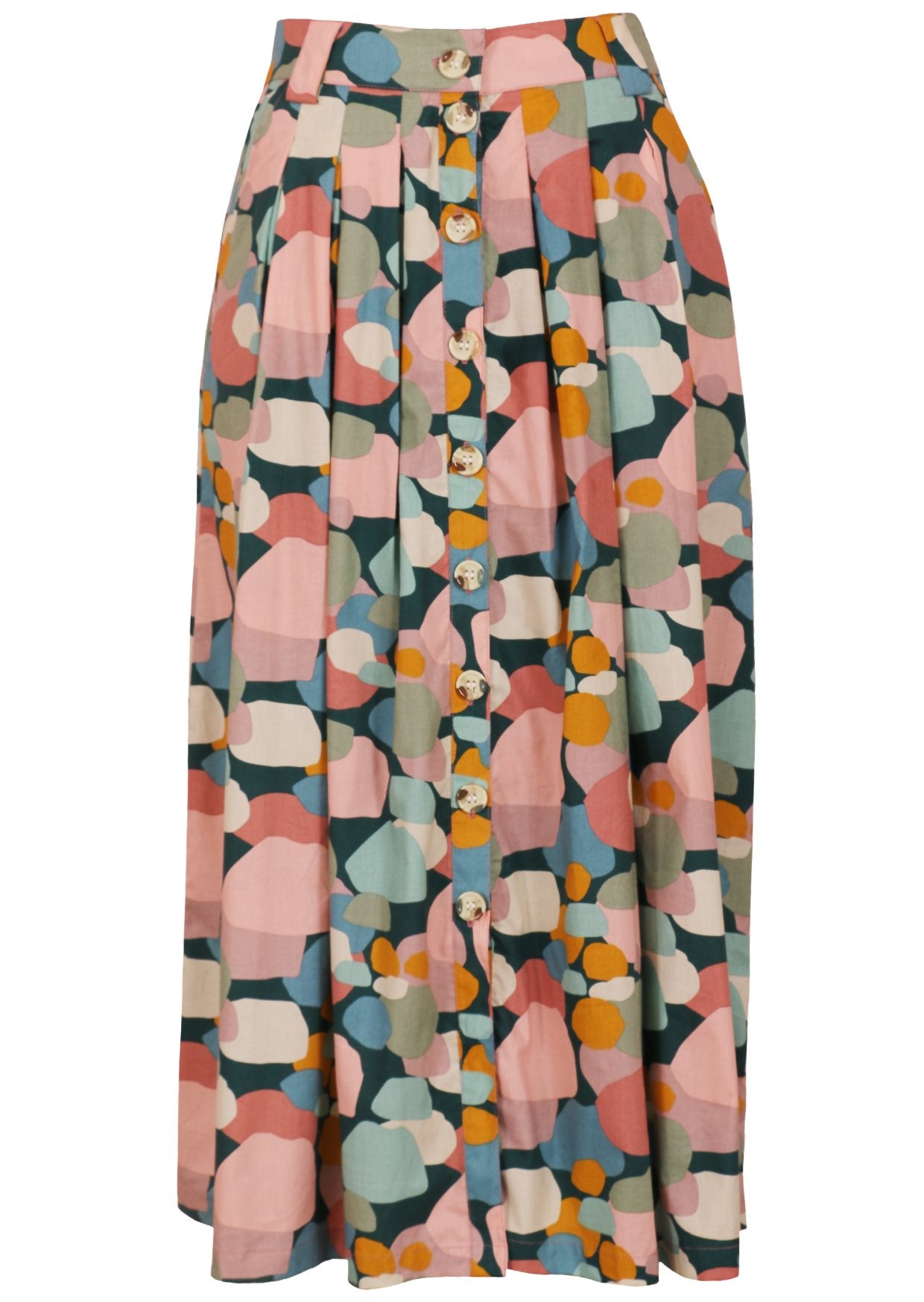 Pastel print button through skirt with box pleats and pockets