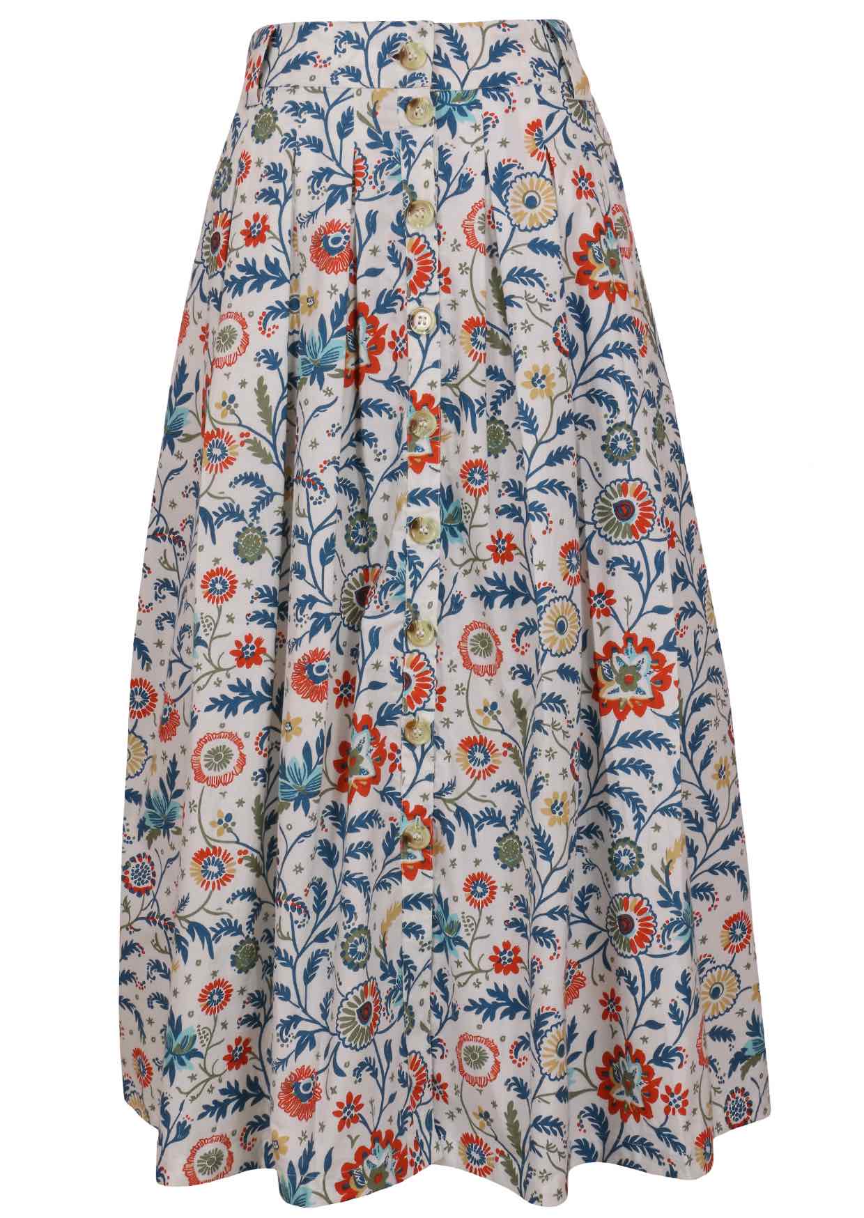 100% cotton knee length button through skirt with box pleats and belt loops in white based floral print