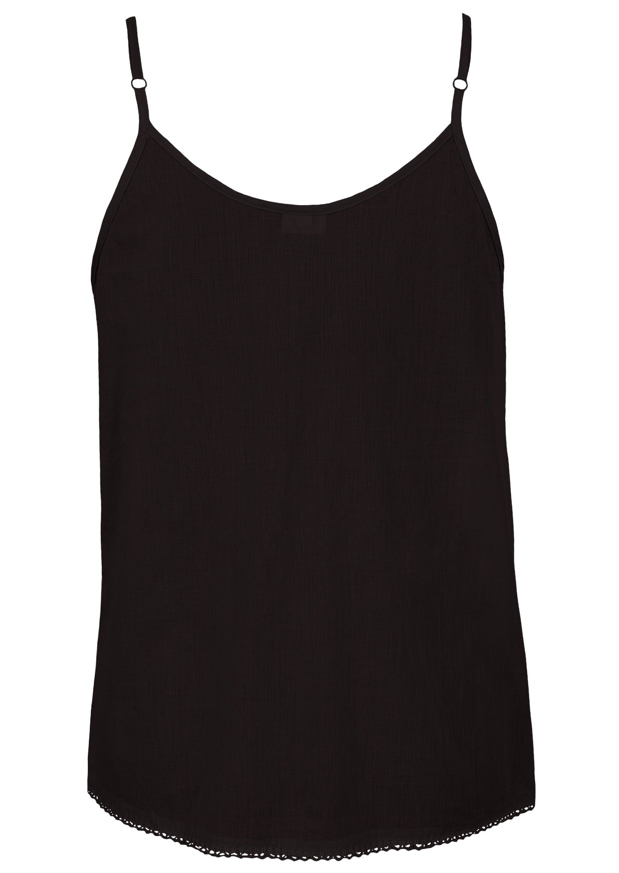 Black cotton camisole top with adjustable spaghetti straps, a V-neckline and picot trim, back view