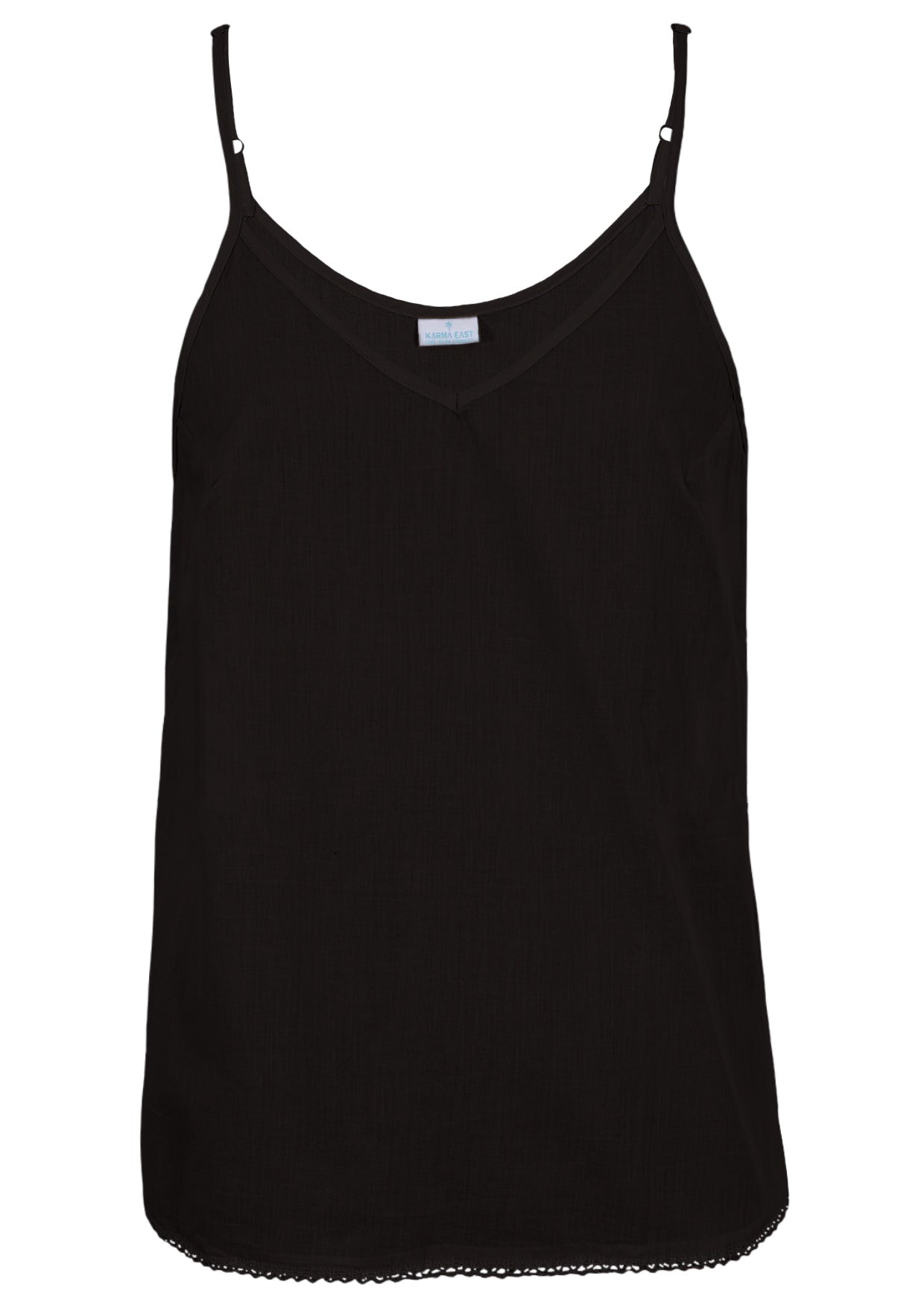 Black cotton camisole top with adjustable spaghetti straps, a V-neckline and picot trim, front view