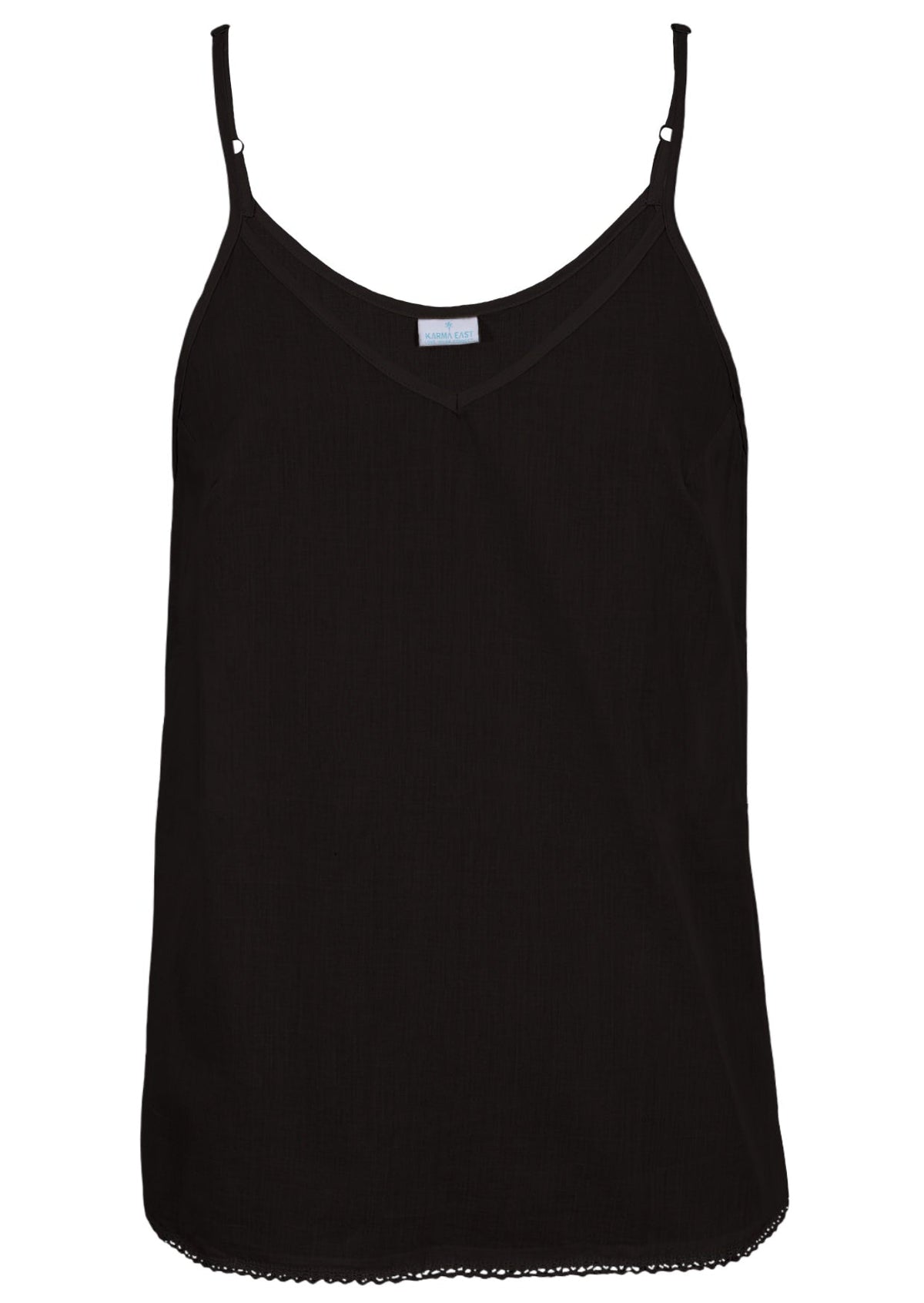 Black cotton camisole top with adjustable spaghetti straps, a V-neckline and picot trim, front view