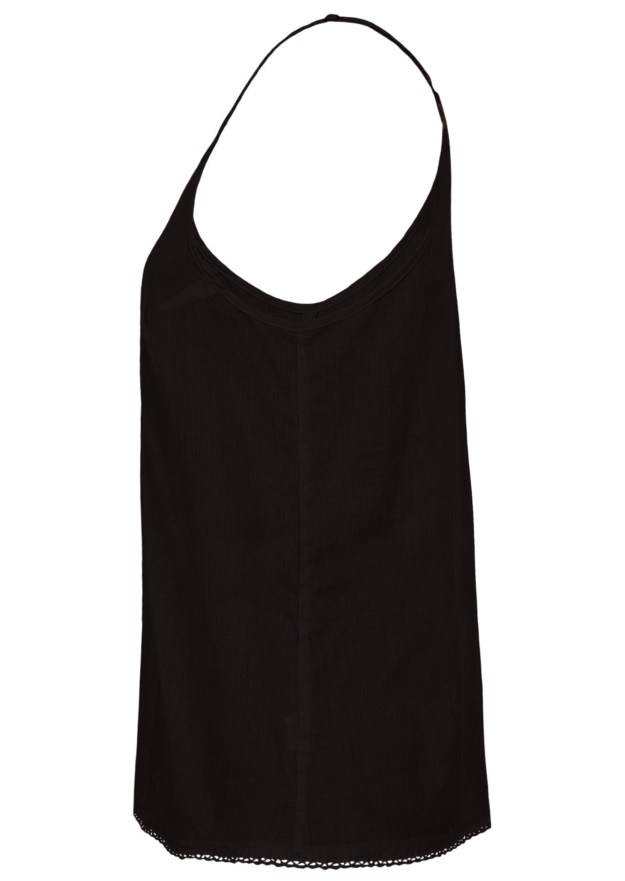 Black cotton camisole top with adjustable spaghetti straps, a V-neckline and picot trim, side view