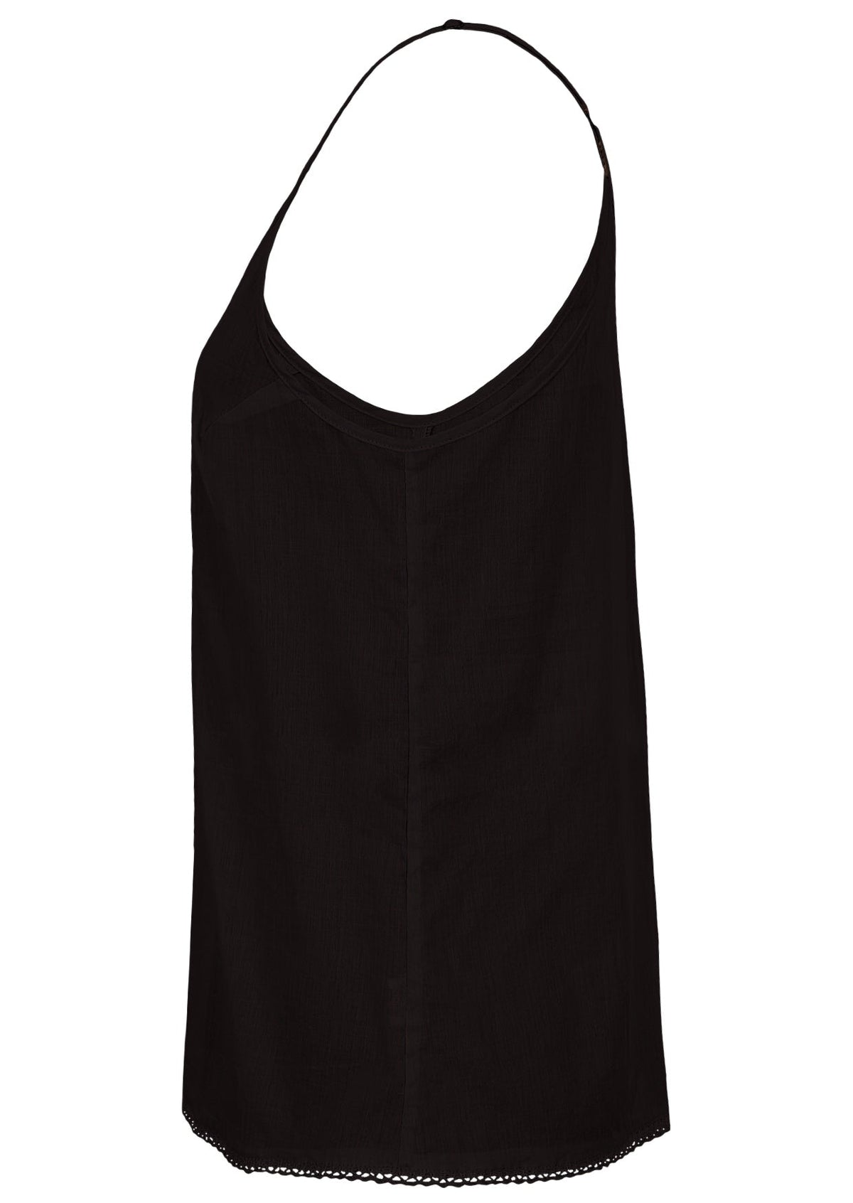 Black cotton camisole top with adjustable spaghetti straps, a V-neckline and picot trim, side view