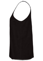Black cotton camisole top with adjustable spaghetti straps, a V-neckline and picot trim, side view