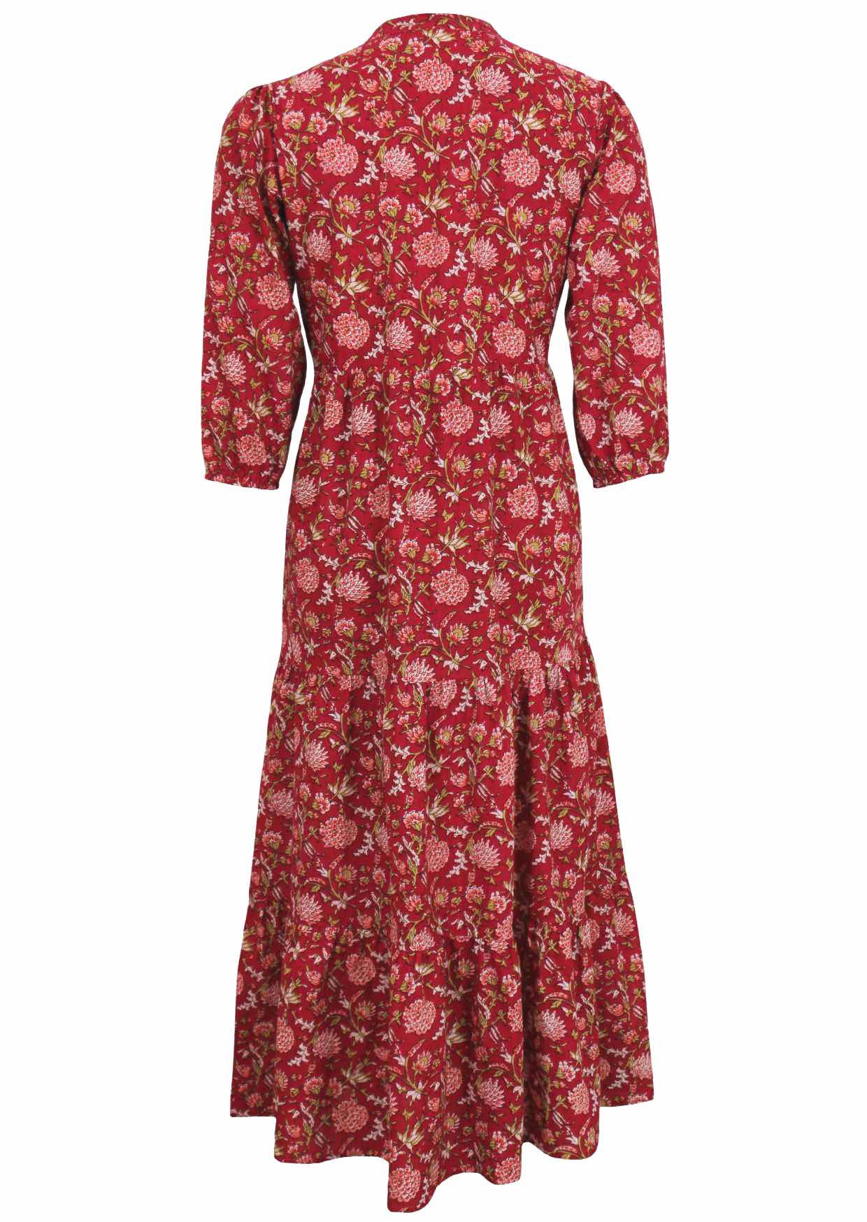 Back mannequin photo of tiered maxi dress with 3/4 sleeves in bright pinky red floral print