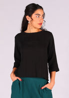 Double cotton top with 3/4 sleeves and high round neckline