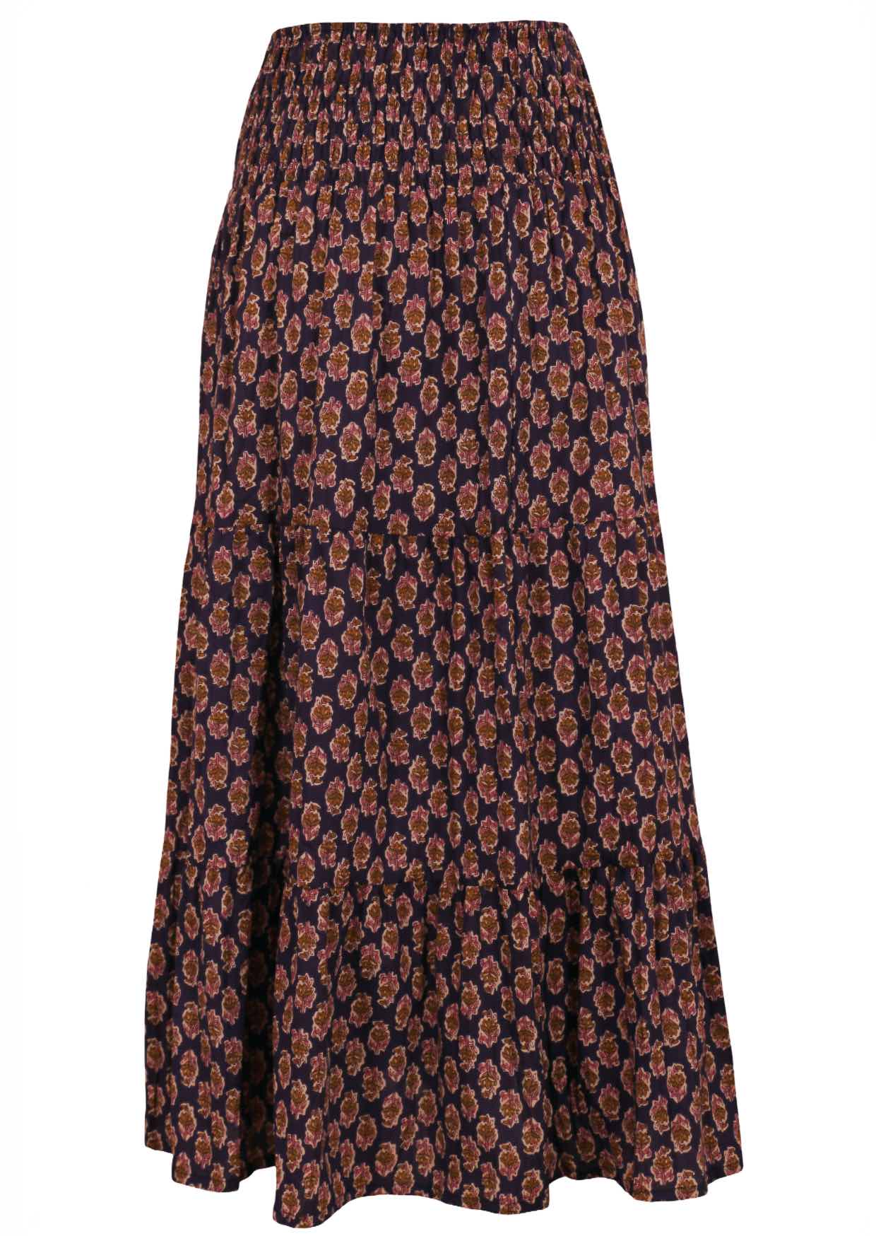 Dark purple floral printed maxi skirt with wide elasticated waistband.