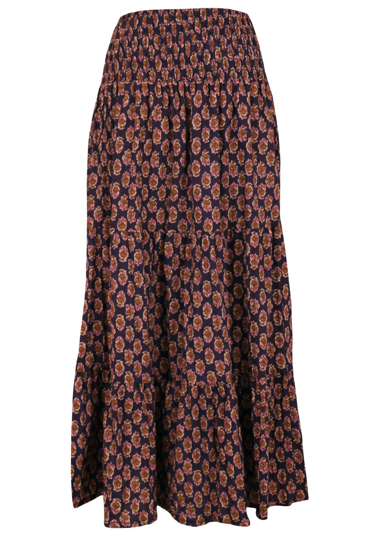 100% cotton, tiered floral maxi skirt with wide shirred waistband.