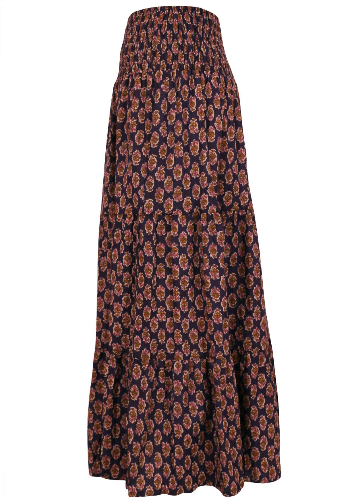 Side image of cotton maxi skirt with 3 tiers in pink, cream and tan floral print on dark purple base.