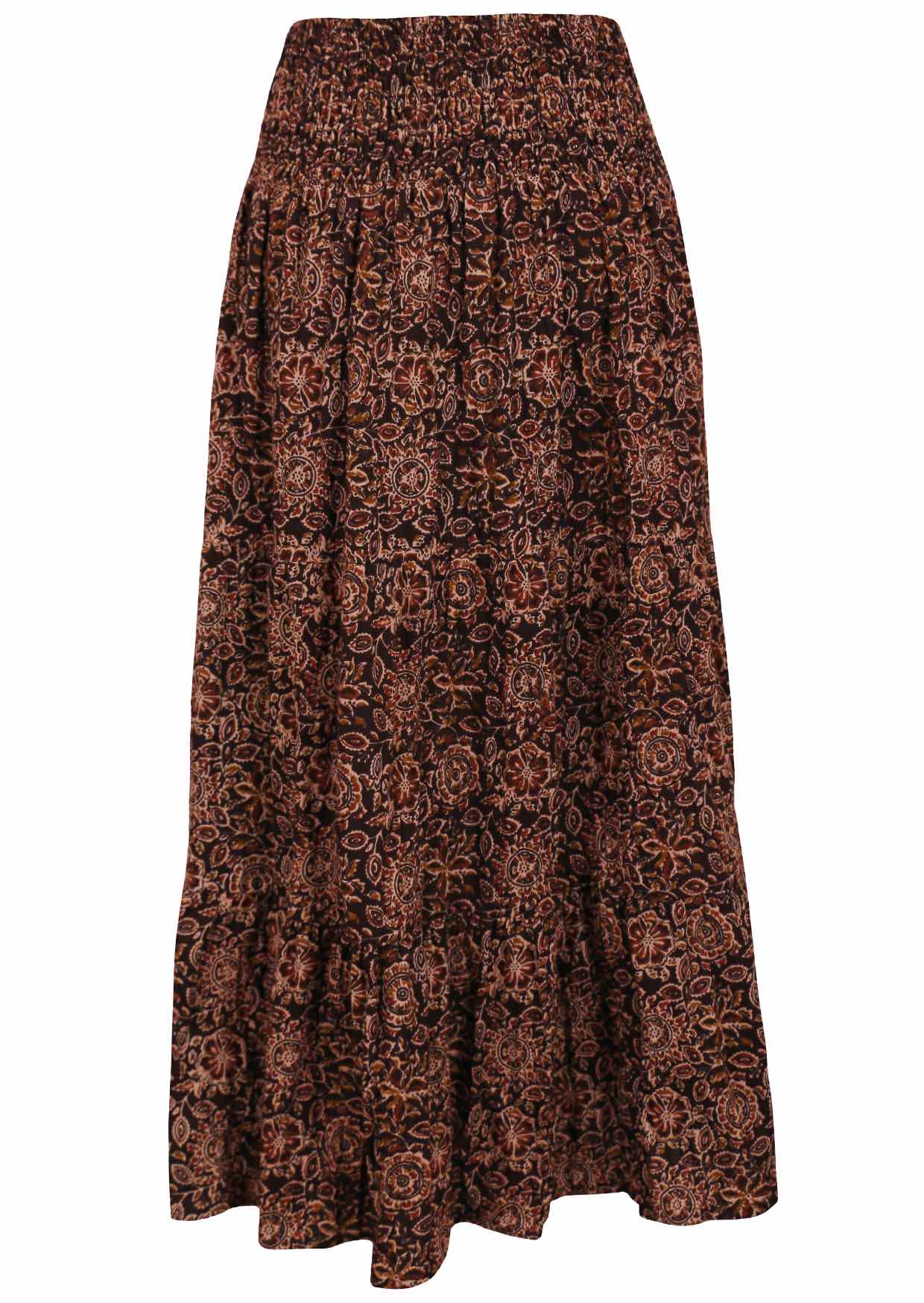 Back image of floral printed cotton maxi skirt with wide shirred waistband and 3 tiers.