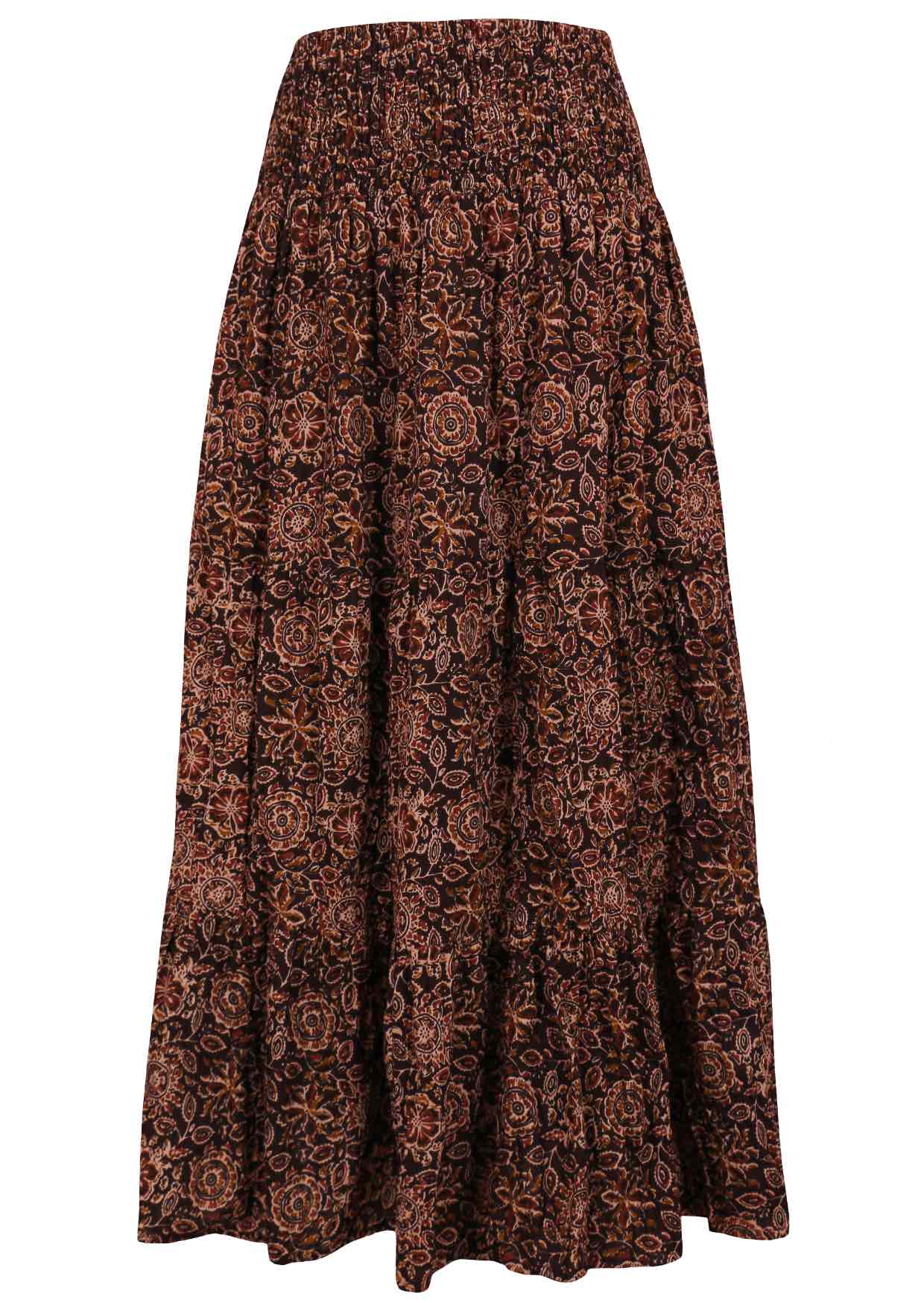 100% cotton brown based maxi skirt with  tiers and wide shirred waistband.