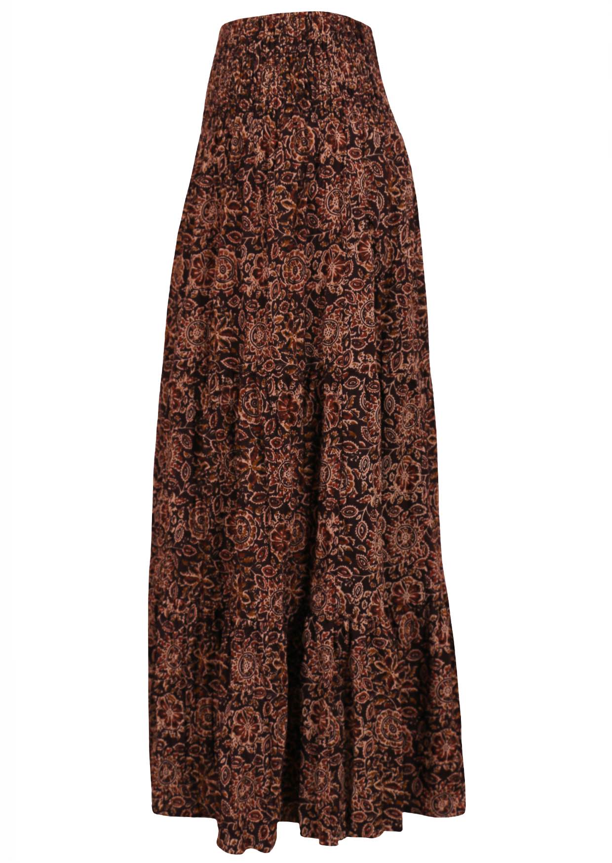 Lightweight cotton maxi skirt with elasticated waistband and earthy floral print.
