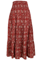 Front view of floral patterned cotton skirt on a red base floral print with elasticised waistband.