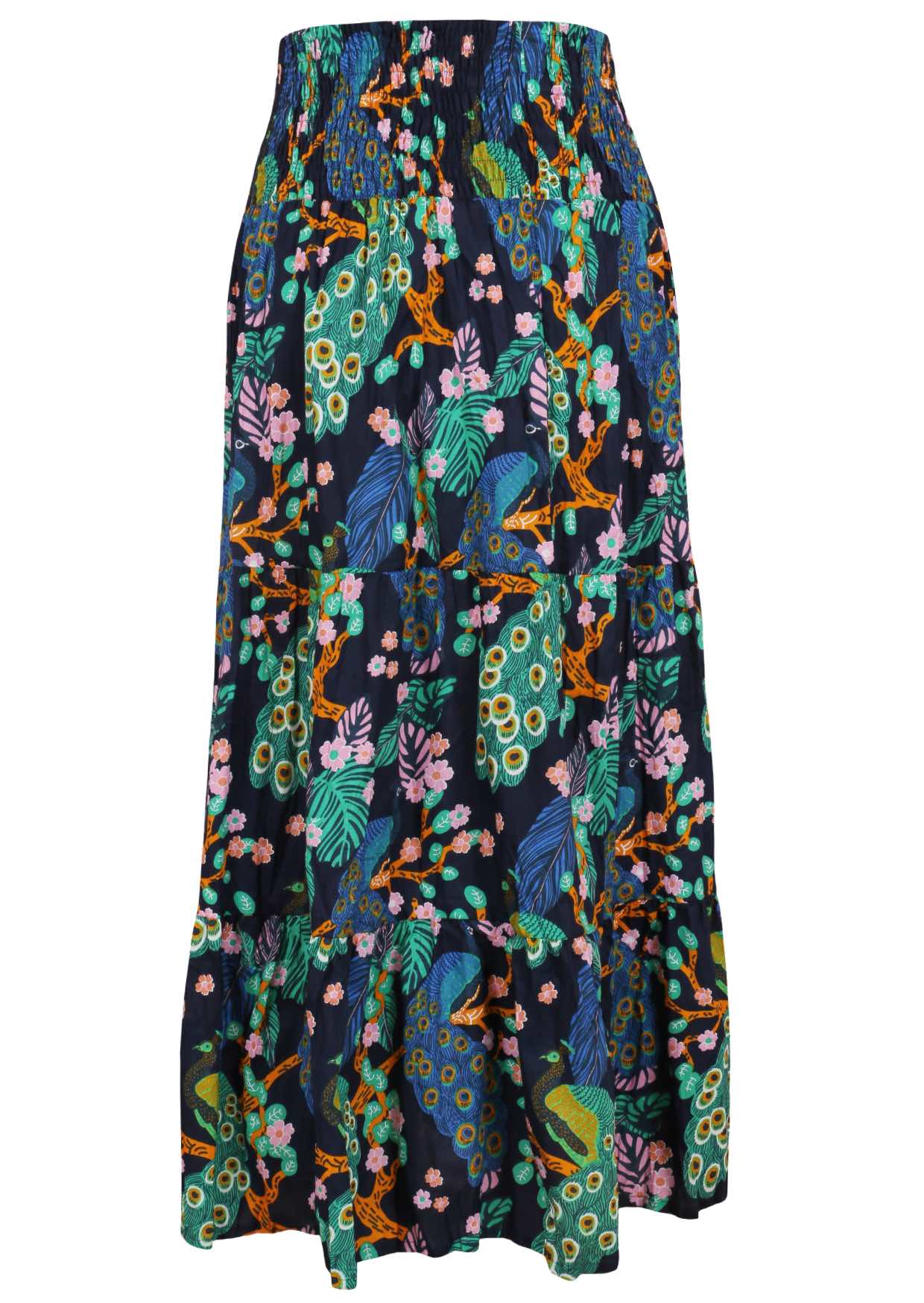 Navy blue based floral print skirt on a white background.