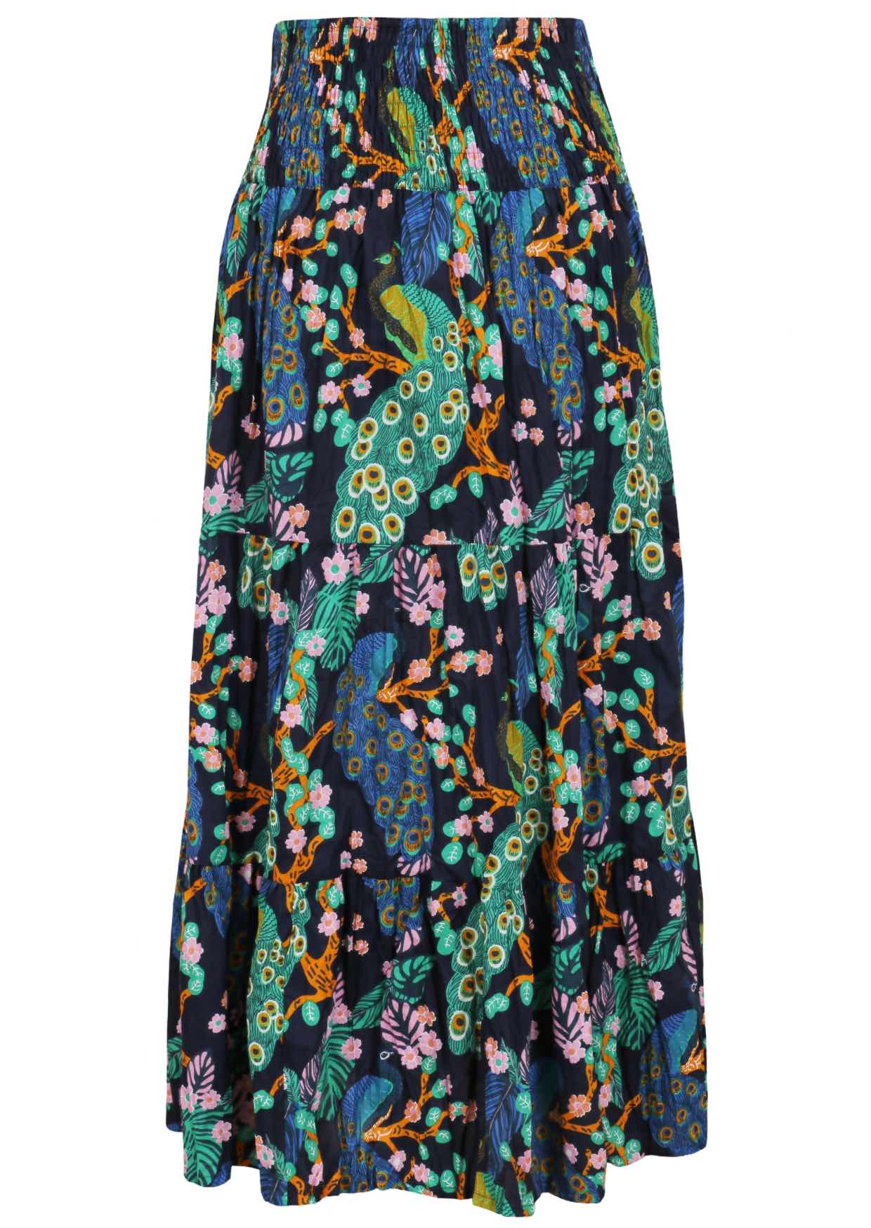 Floral patterned cotton skirt on a navy  blue base floral print with elasticised waistband.