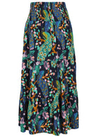 Floral patterned cotton skirt on a navy  blue base floral print with elasticised waistband.