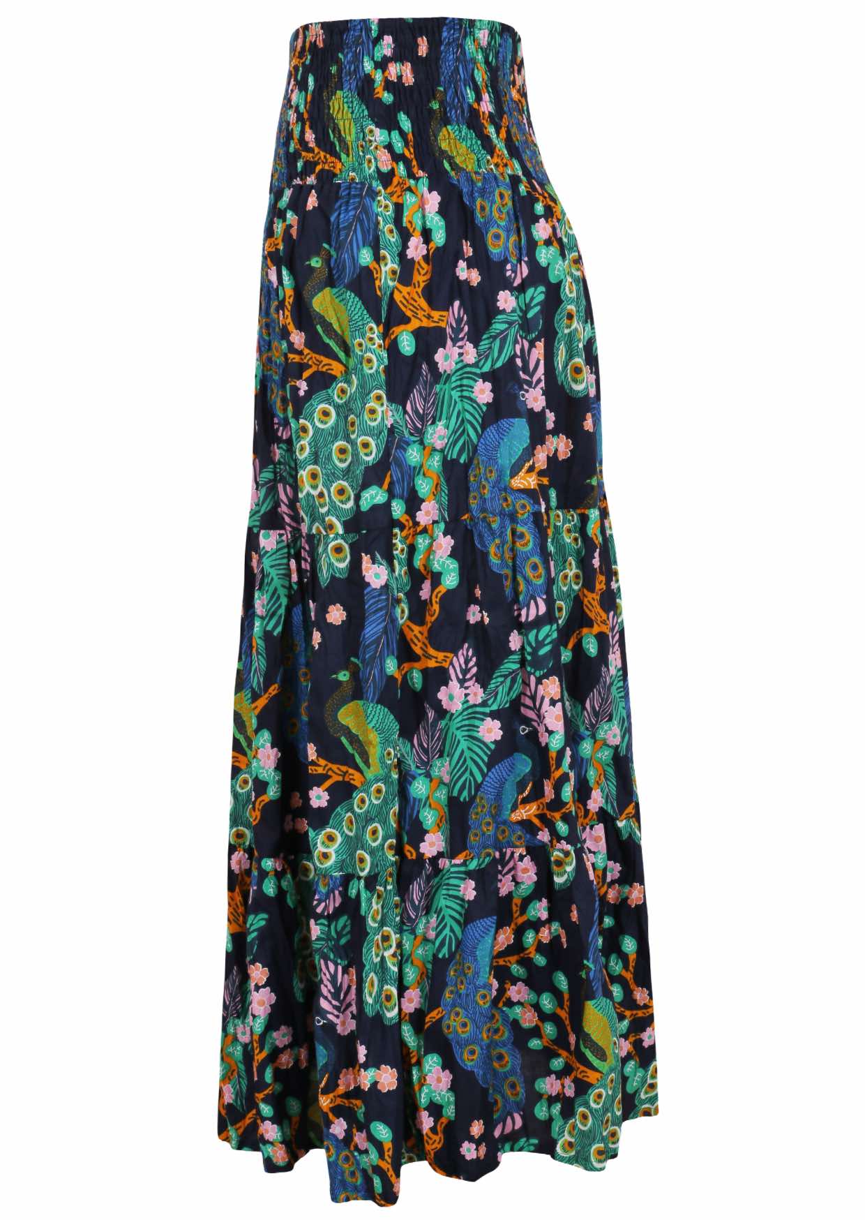 Navy blue based floral print, 100% cotton skirt.