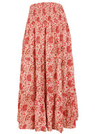 Floral patterned cotton skirt on a cream base floral print with elasticised waistband.