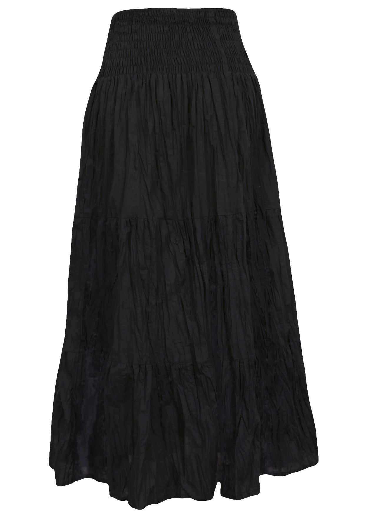Back view of lightweight cotton three tiered maxi skirt with wide shirred waistband