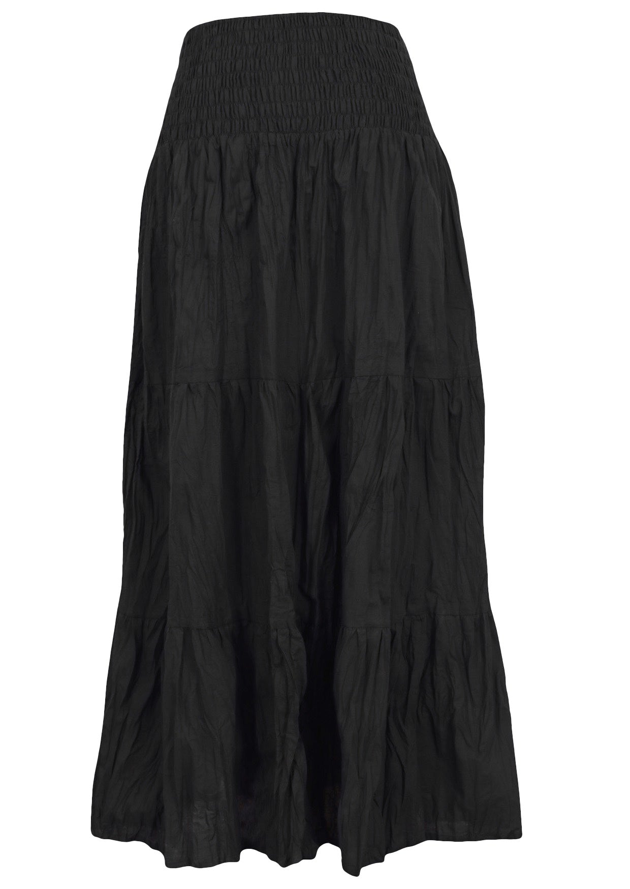 100% cotton black three tiered maxi skirt with shirring across the waistband 