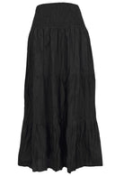 100% cotton black three tiered maxi skirt with shirring across the waistband 