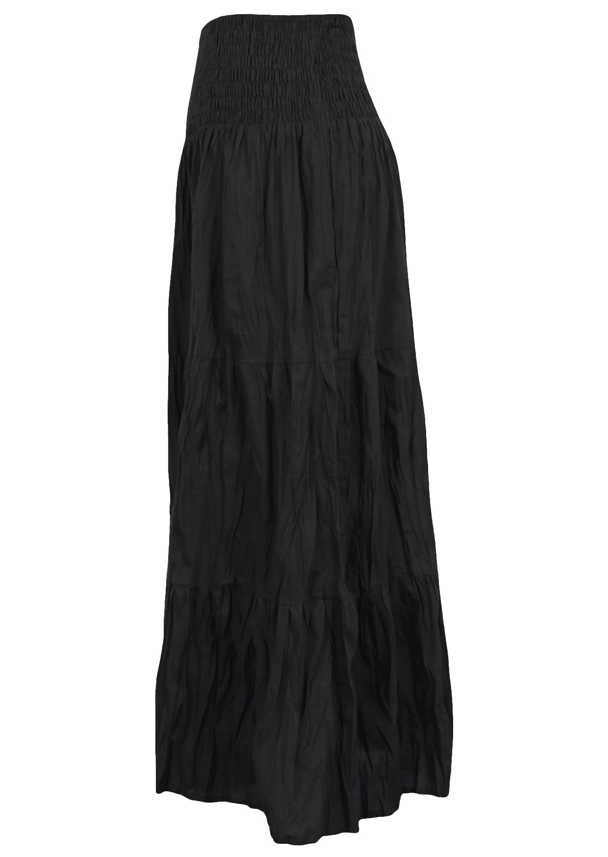 Side view of black cotton flowy tiered maxi skirt with elasticated waistband 