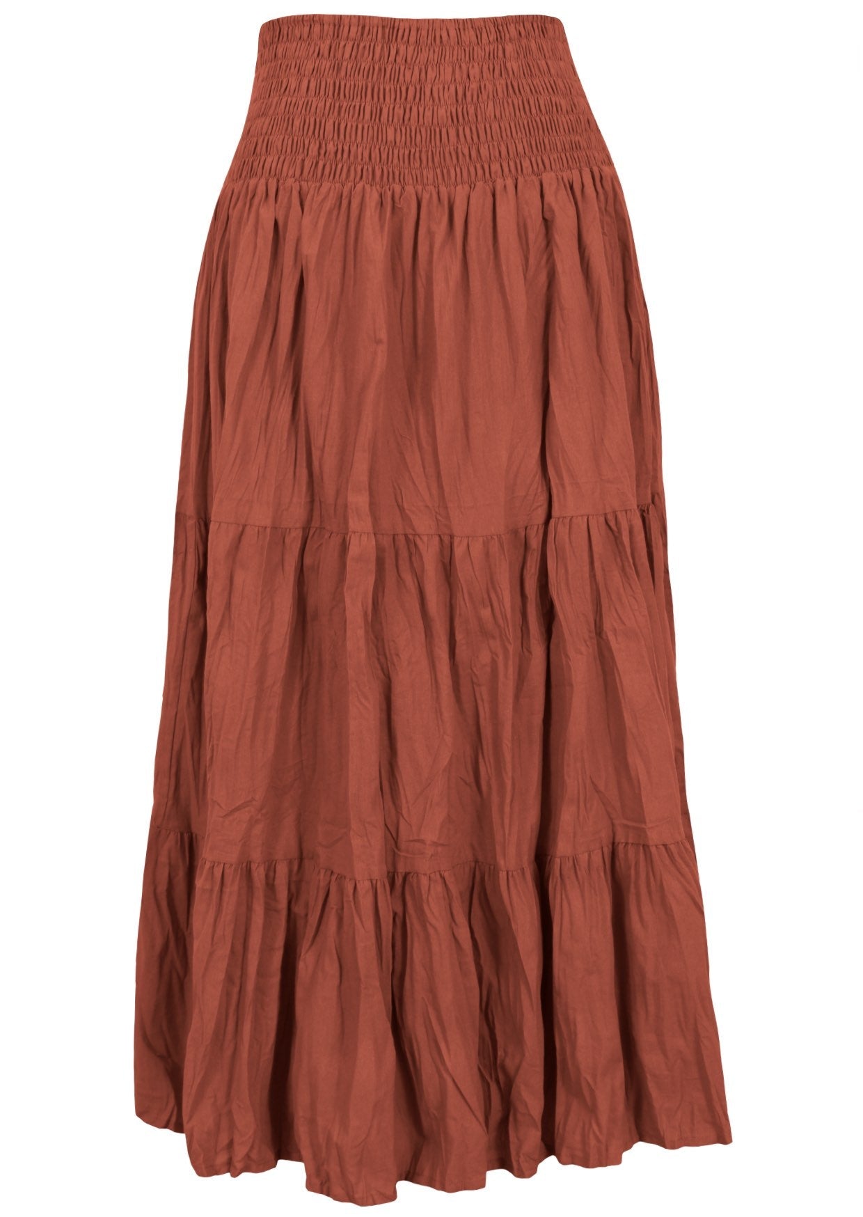 100% cotton rust orange tiered maxi skirt with shirring across the waist