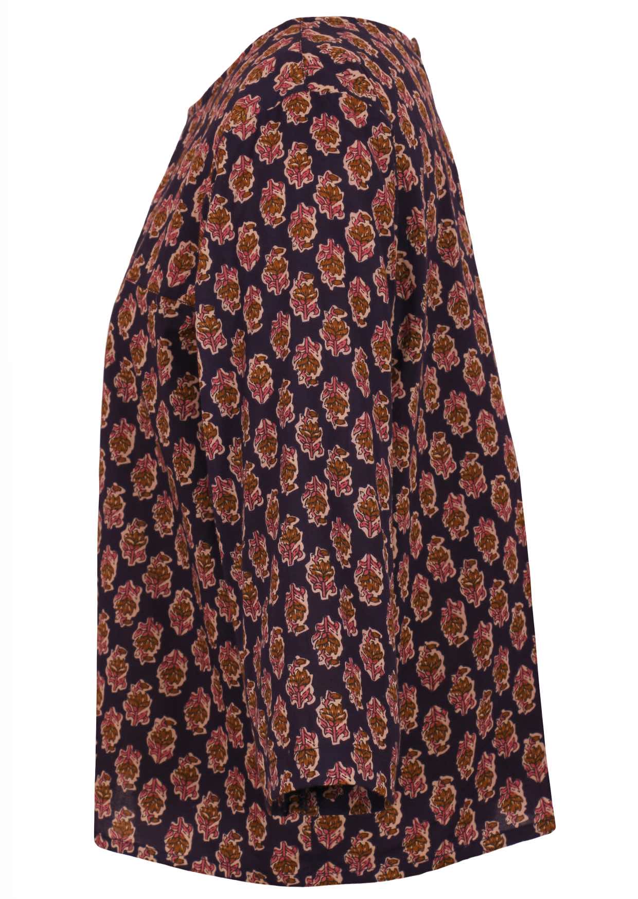 Side image of relaxed fit cotton top in beautiful pink, cream and brown florals on dark purple background.