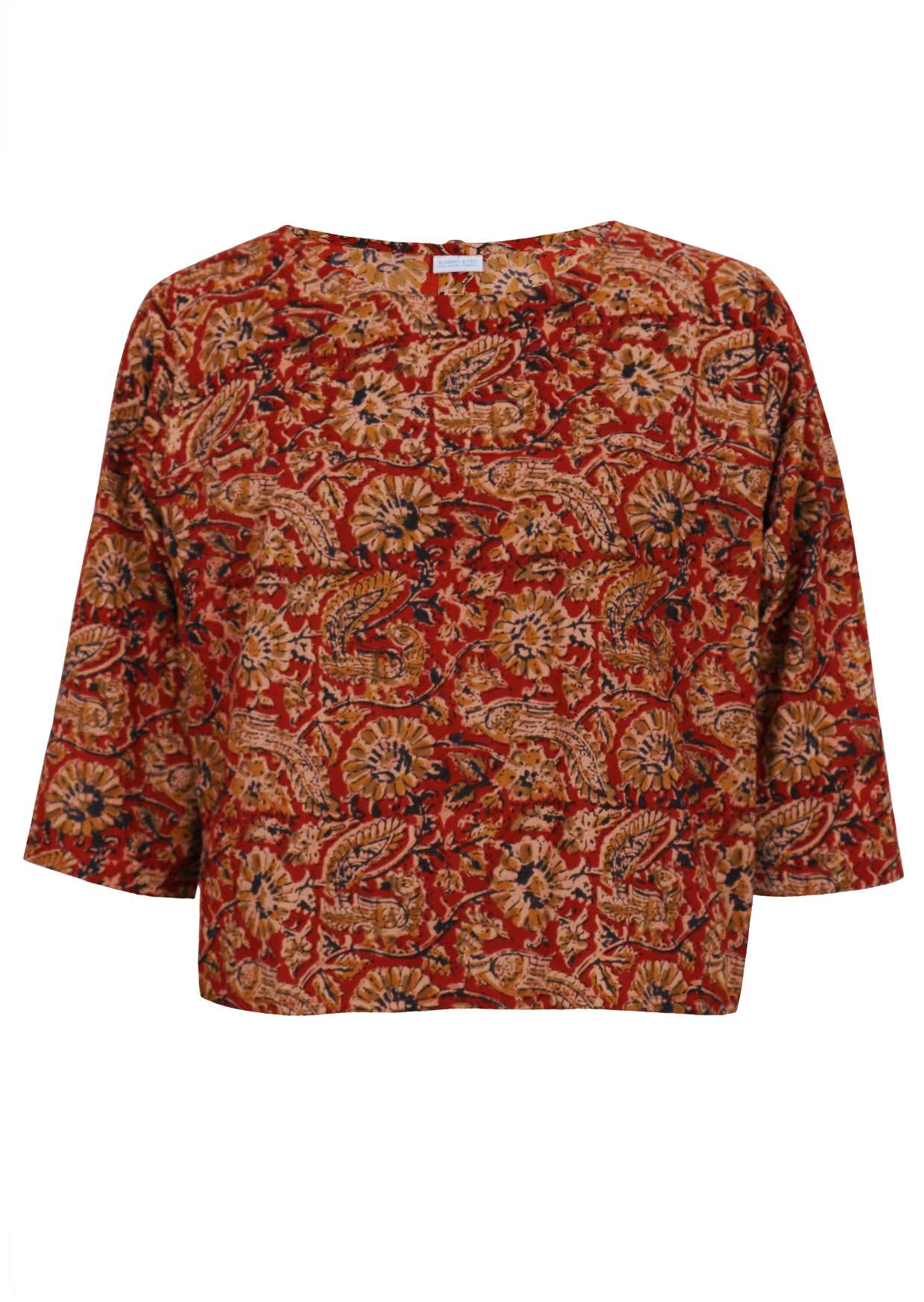 100% cotton relaxed fit top with 3/4 sleeves and earthy floral print on warm red base.