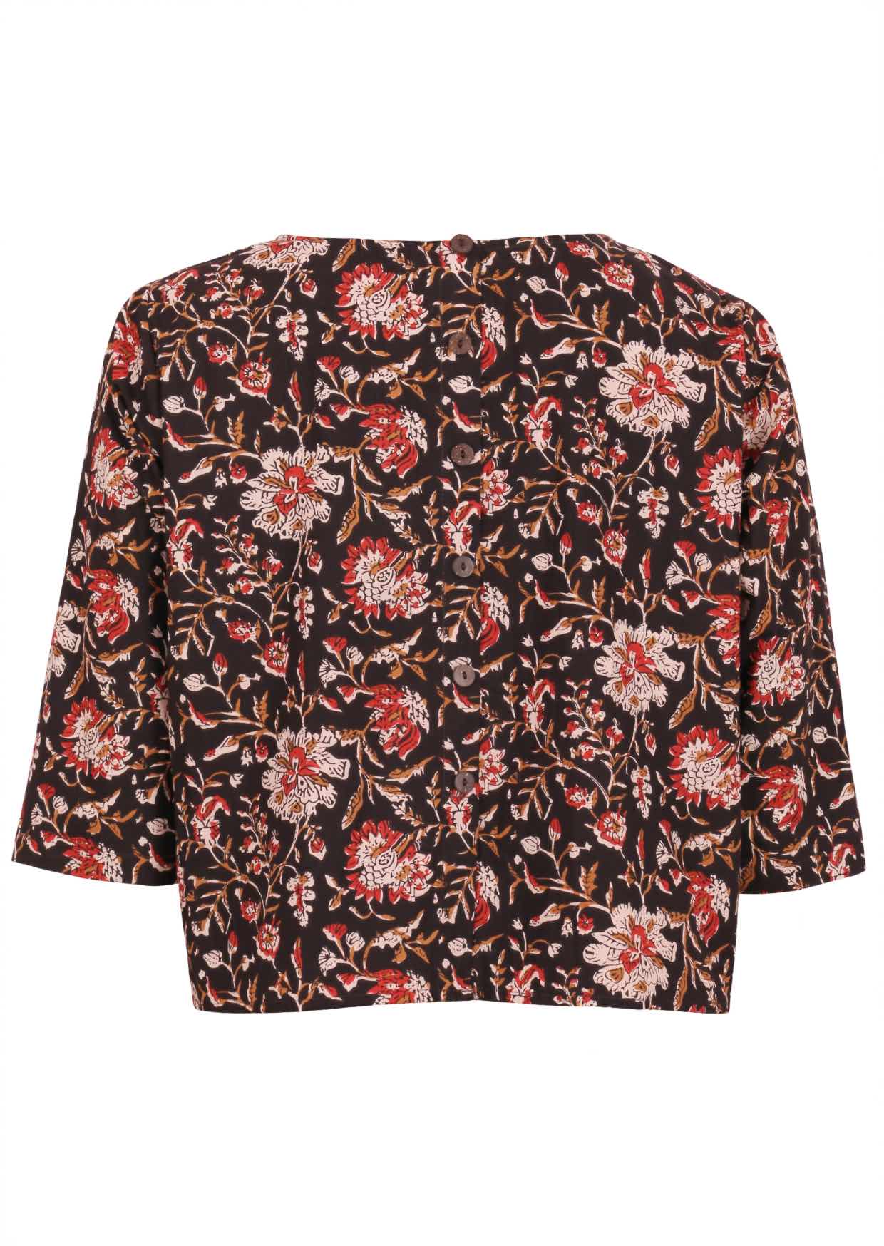 Loose fit, boxy cotton top with 3/4 sleeves   and decorative buttons down at the center of the back.