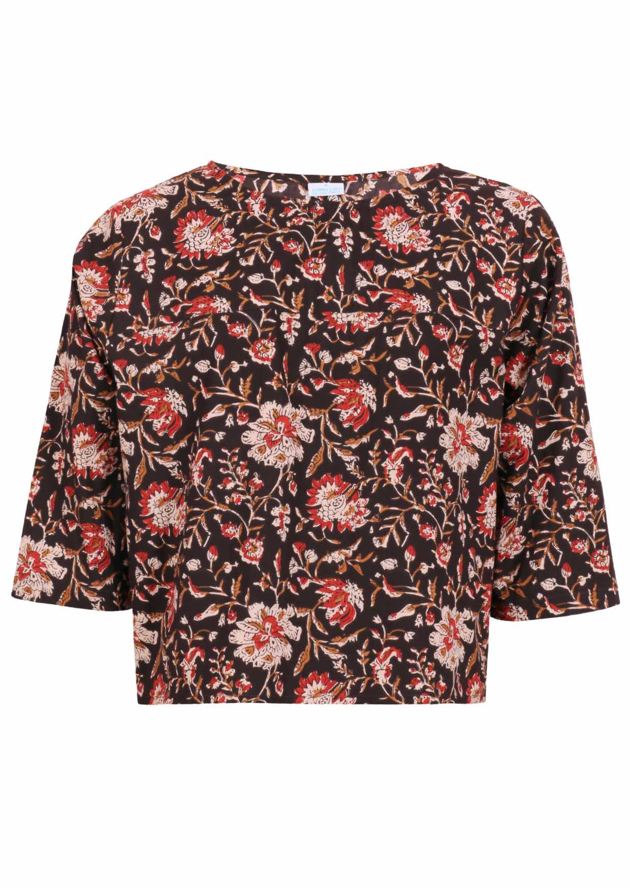 100% cotton 3/4 sleeve boxy top with Indian traditional print florals on black base.