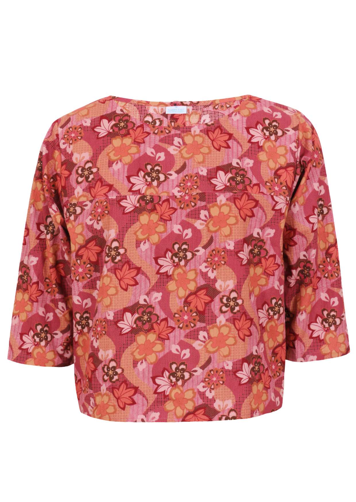 Japanese-style print cotton top in pink, maroon, brown, peach, and khaki tones with round neckline.