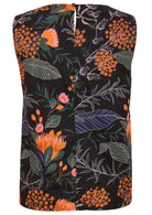 100% cotton black based botanical print sleeveless top with high round neckline and button at the nape of neck 