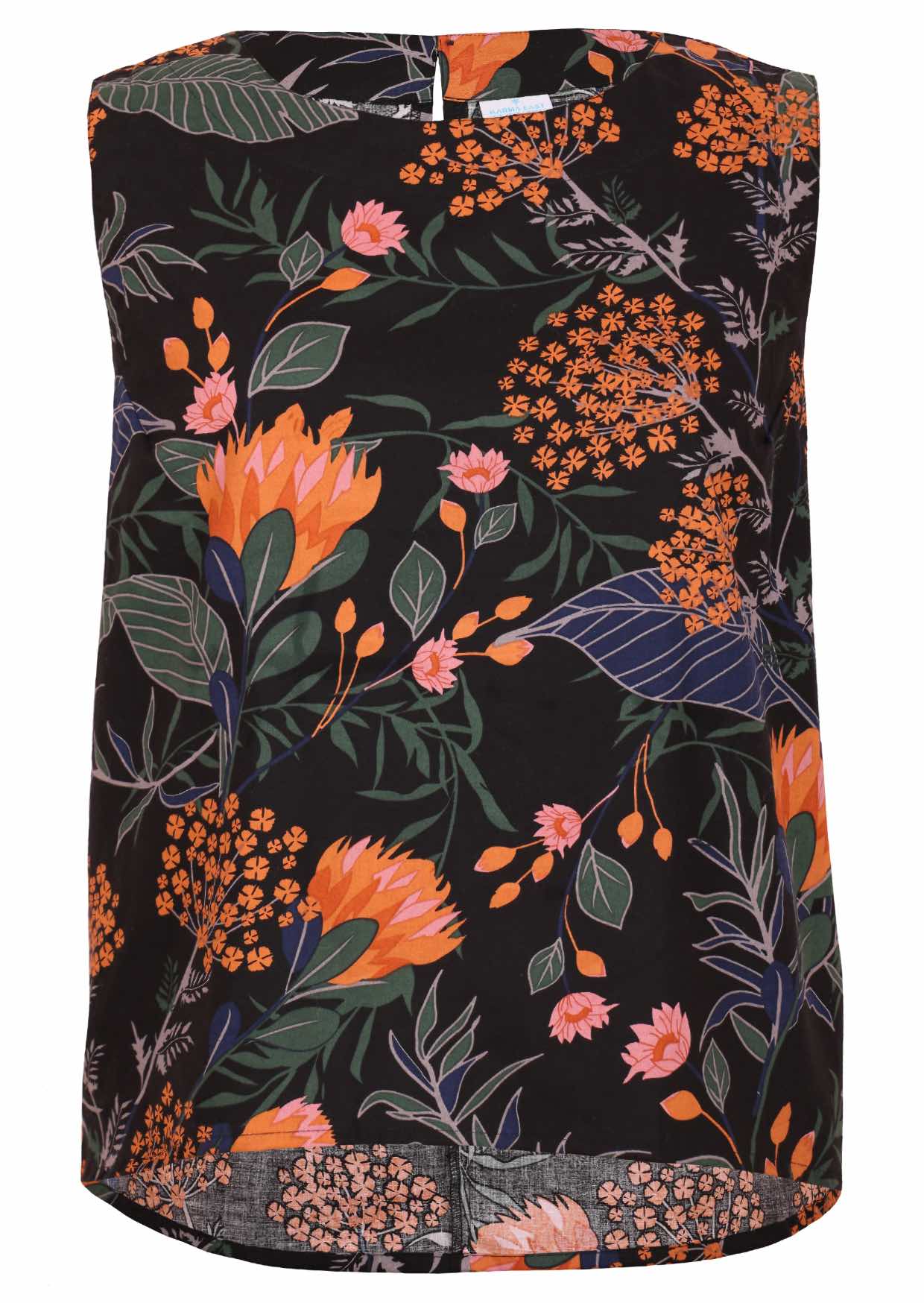 100% cotton sleeveless top with high round neckline in black based beautiful botanical print