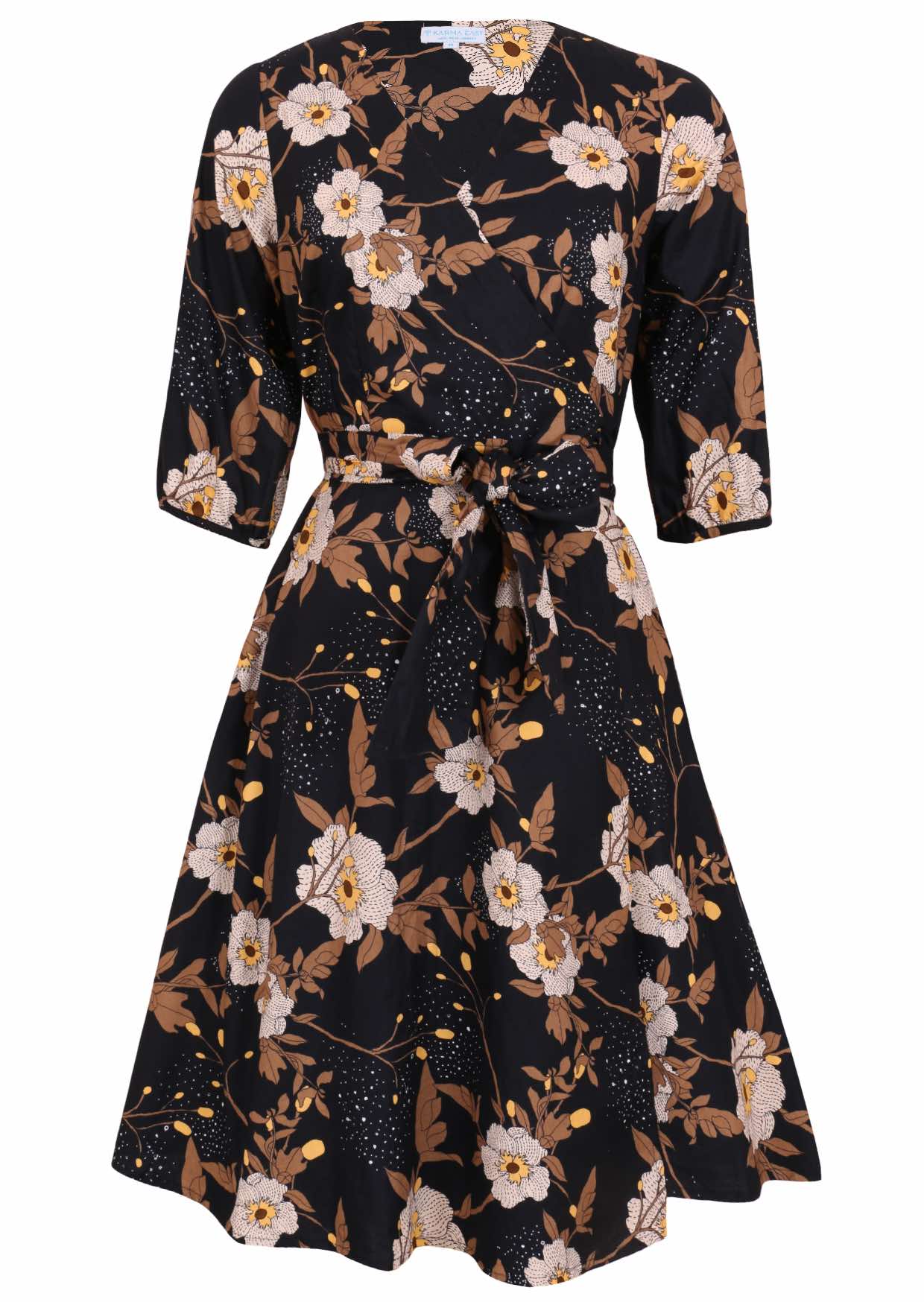 100% cotton, over the knee length wrap dress with 3/4 sleeves and pockets