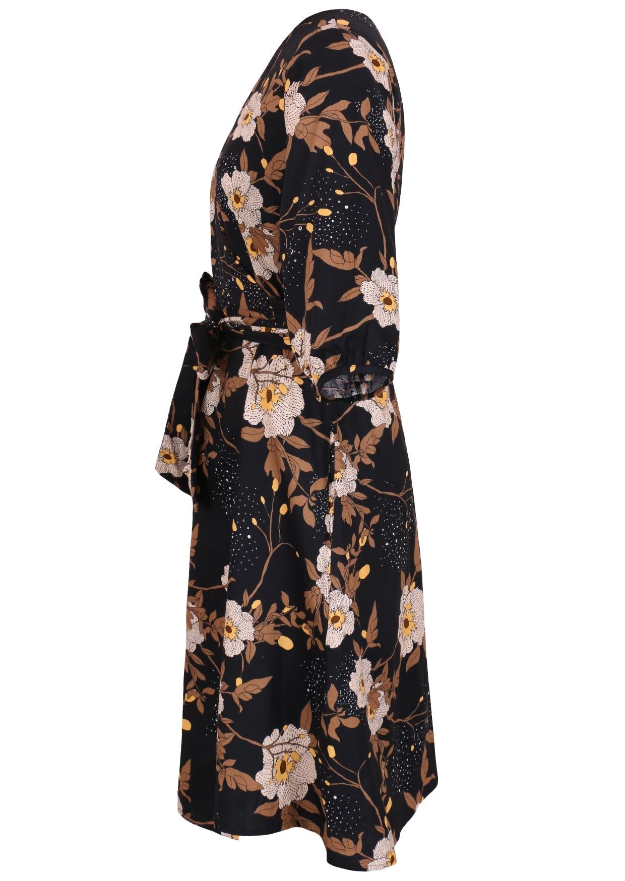 100% cotton midi length wrap dress with 3/4 sleeves and side pockets.