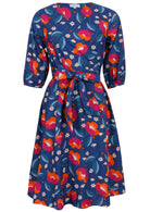 100% cotton, over the knee length wrap dress with 3/4 sleeves and pockets