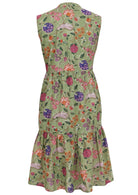 Green based multi-coloured folk art style florals, midi cotton dress.